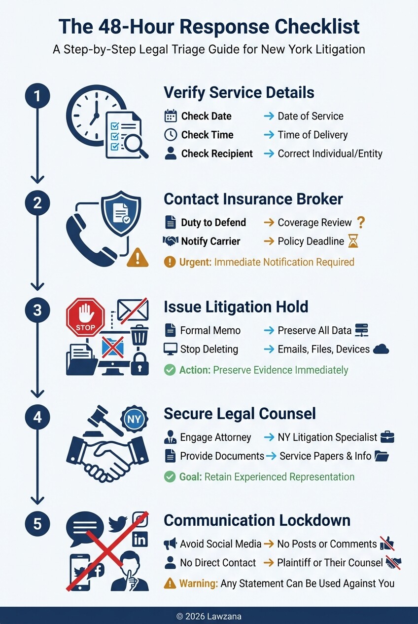 Infographic checklist of immediate steps for New York businesses after being served with a lawsuit.