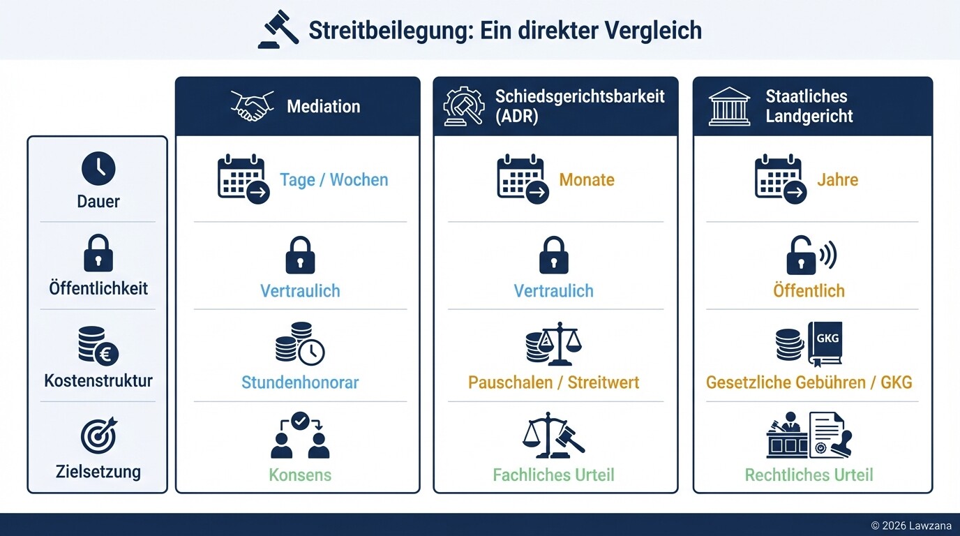Vergleichstabelle zwischen Mediation, Schiedsverfahren und staatlicher Klage f&uuml;r B2B-Konflikte.