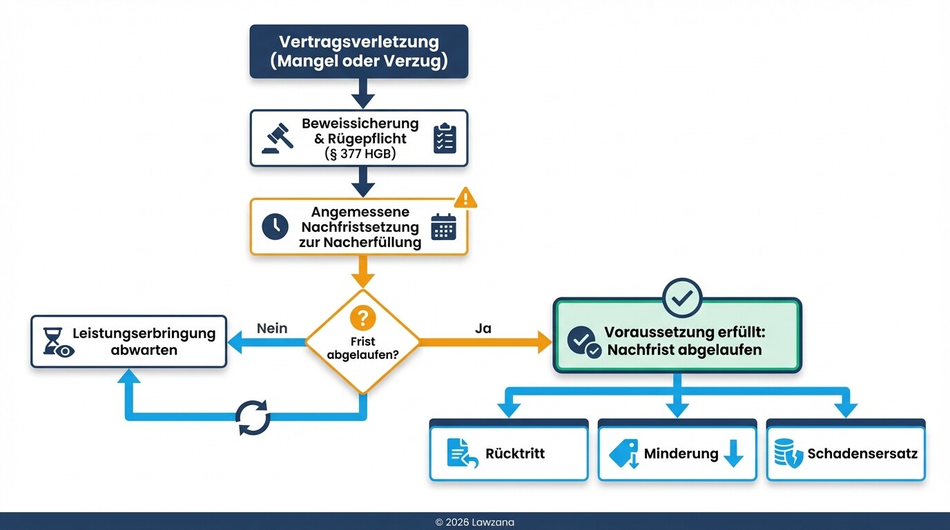 Flussdiagramm zum Ablauf rechtlicher Schritte bei Vertragsverletzung nach deutschem Recht.