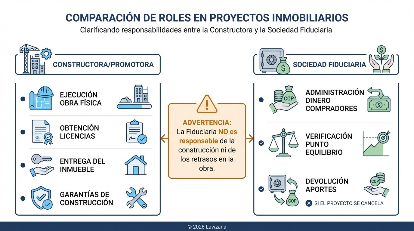Comparativa de responsabilidades legales entre la constructora y la entidad fiduciaria en Colombia.