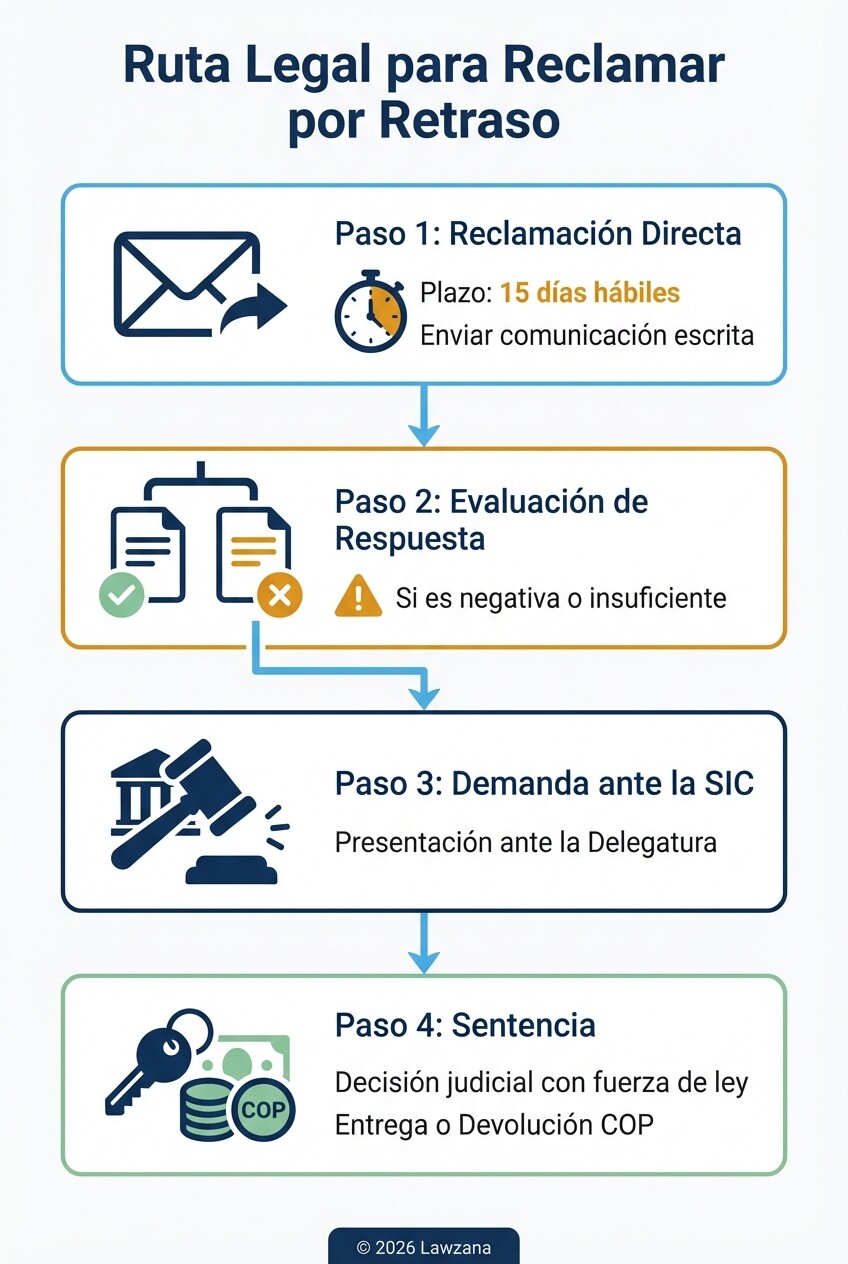 Infografía del proceso legal ante la SIC: desde la reclamación directa hasta la sentencia judicial.