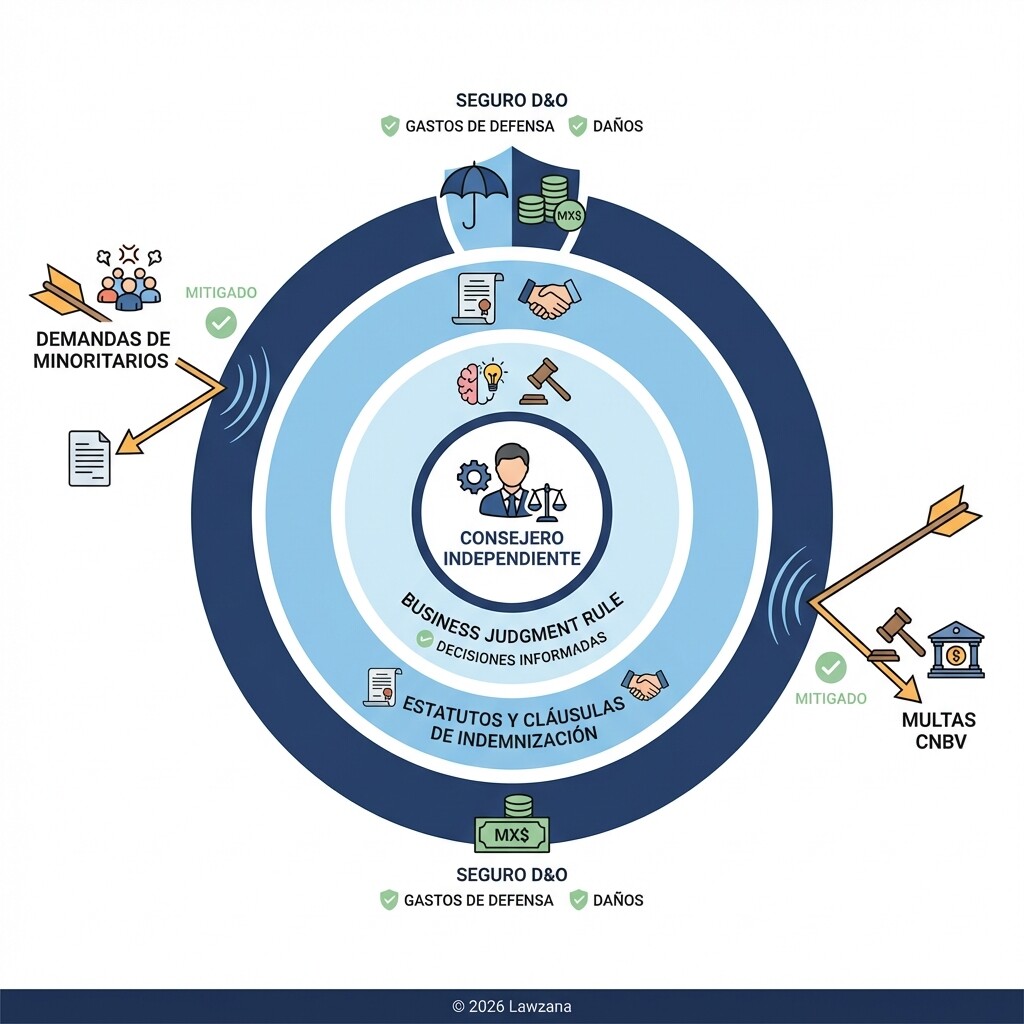 Diagrama de mecanismos de protección y mitigación de riesgos para consejeros en México.