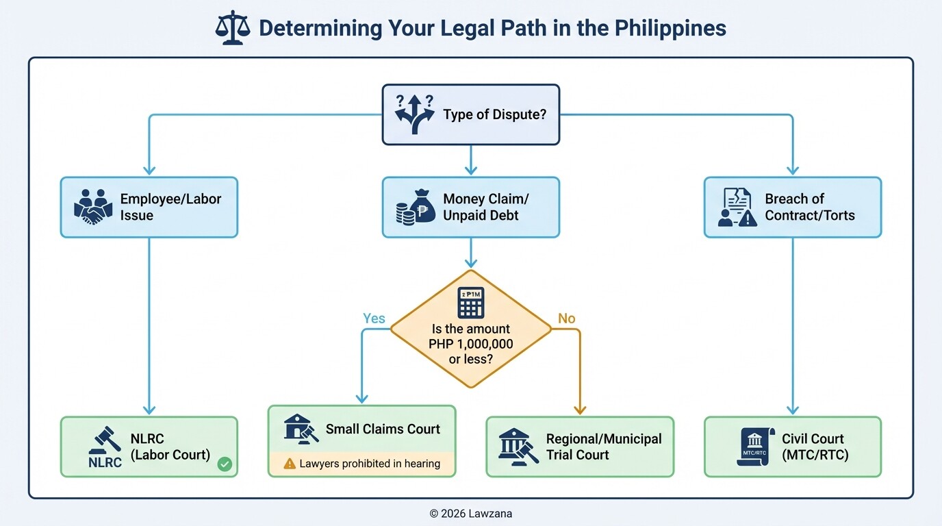 Flowchart showing how to determine if a case goes to Small Claims, NLRC, or Civil Court.