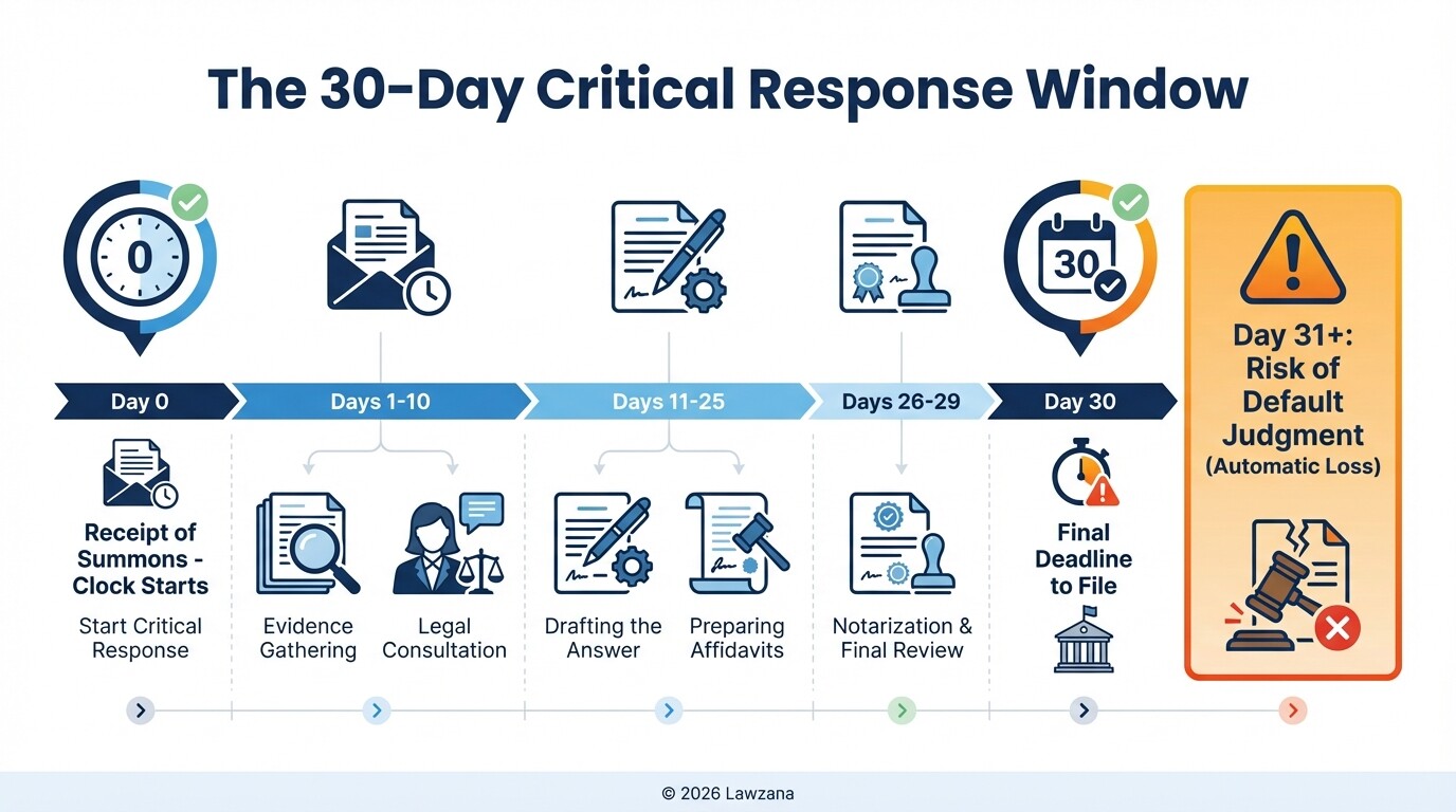 Infographic showing the 30-day timeline to file a legal Answer in the Philippines.