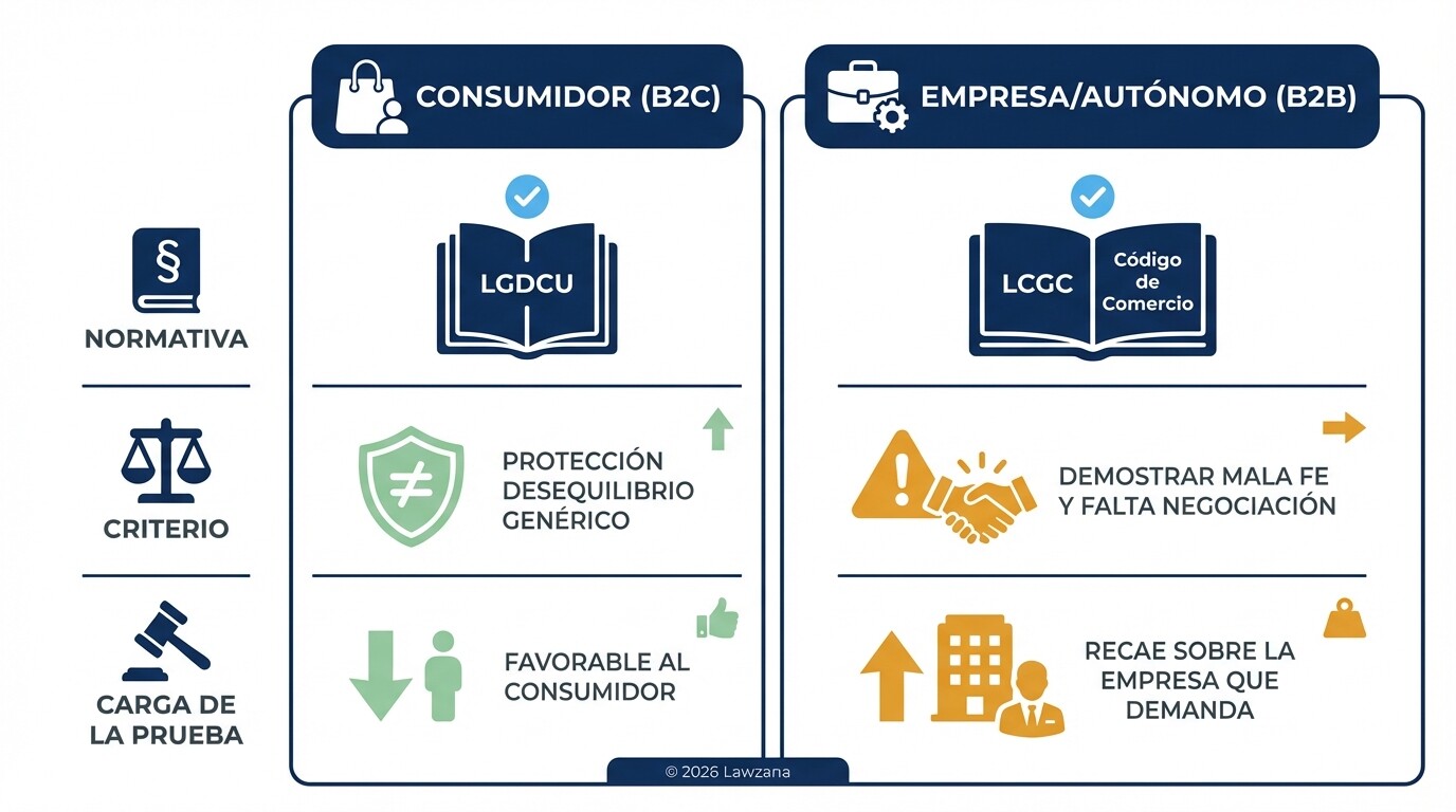 Comparativa de protección legal contra cláusulas abusivas entre consumidores y empresas en España.