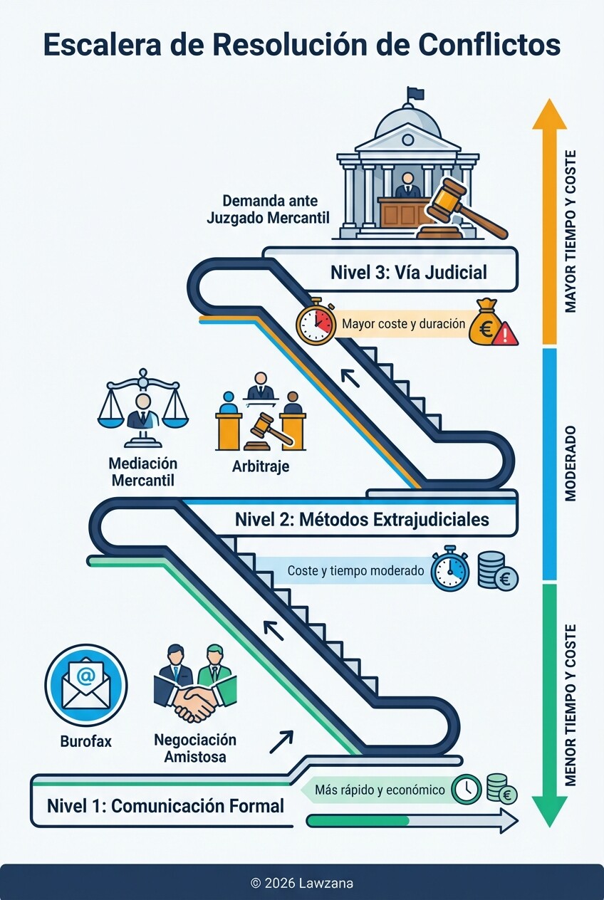 Infografía del proceso de escalada legal para impugnar cláusulas en contratos mercantiles.