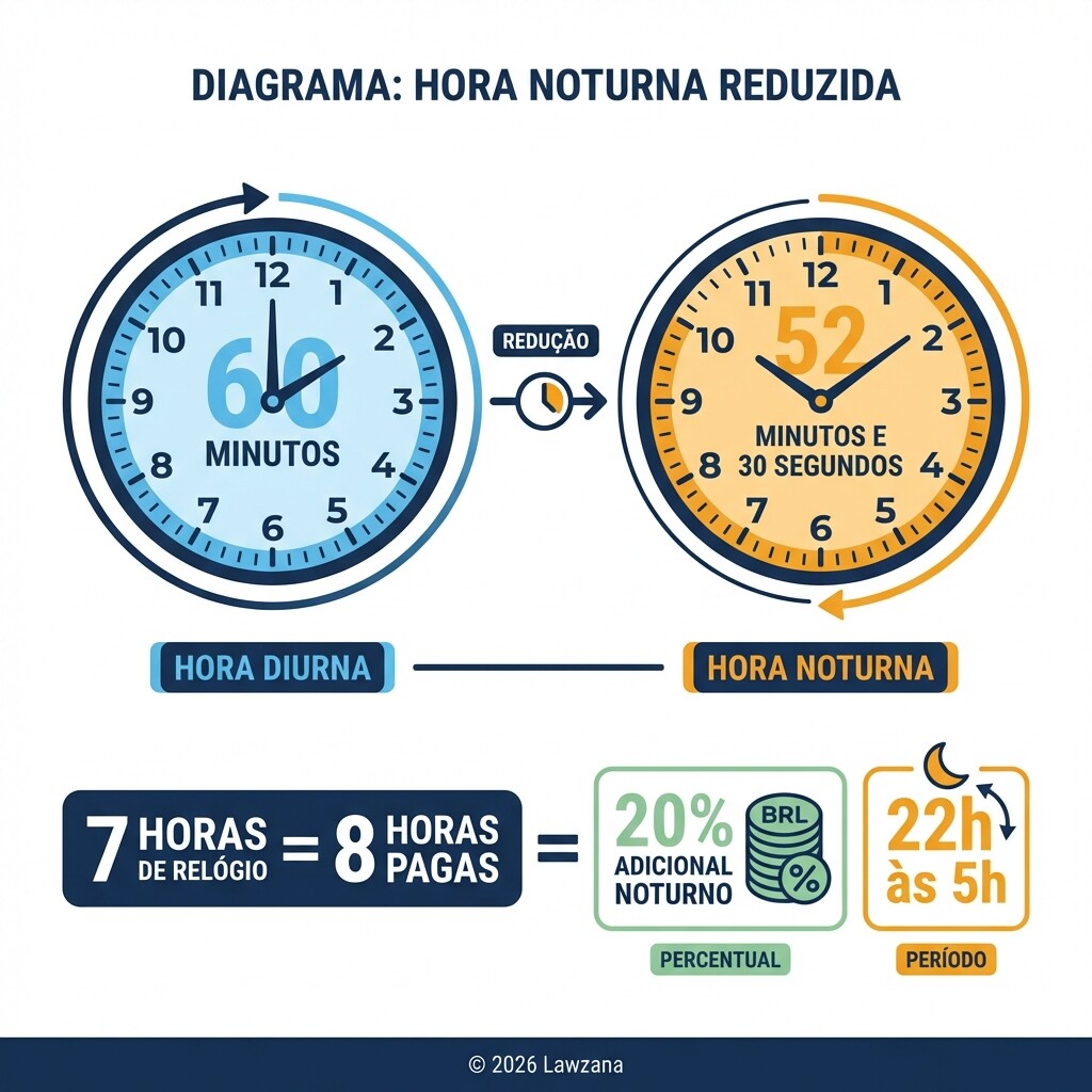 Diagrama explicativo sobre o cálculo da hora noturna reduzida e adicional noturno no Brasil.