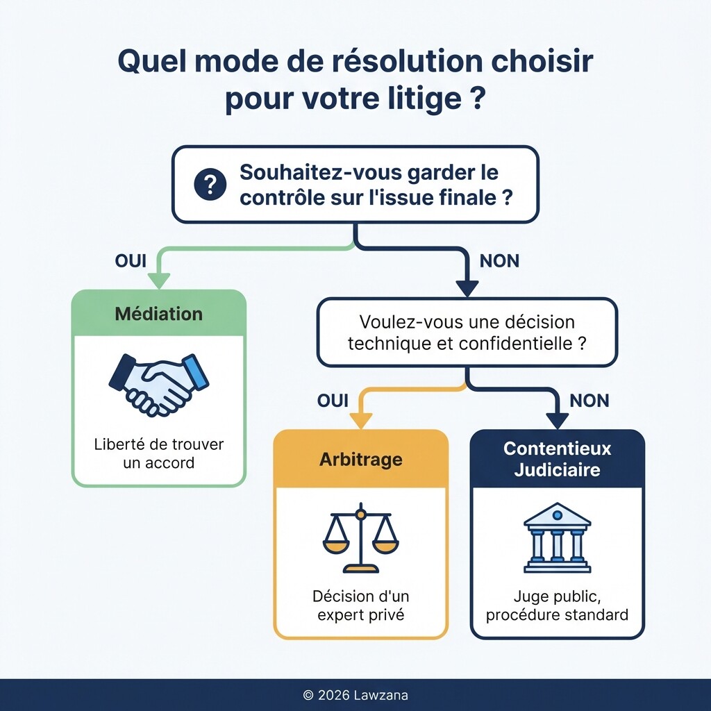 Logigramme de décision pour choisir entre médiation, arbitrage ou tribunal.