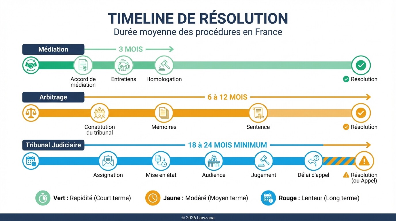 Infographie comparant les délais moyens de la médiation, de l'arbitrage et du tribunal en France.