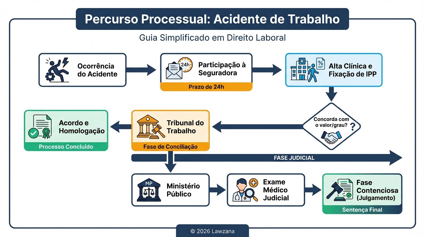 Fluxograma do processo legal de acidente de trabalho desde a ocorrência até o julgamento em Portugal.