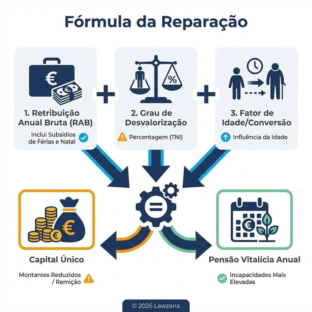 Infográfico explicativo dos elementos de cálculo da pensão por incapacidade permanente (IPP).