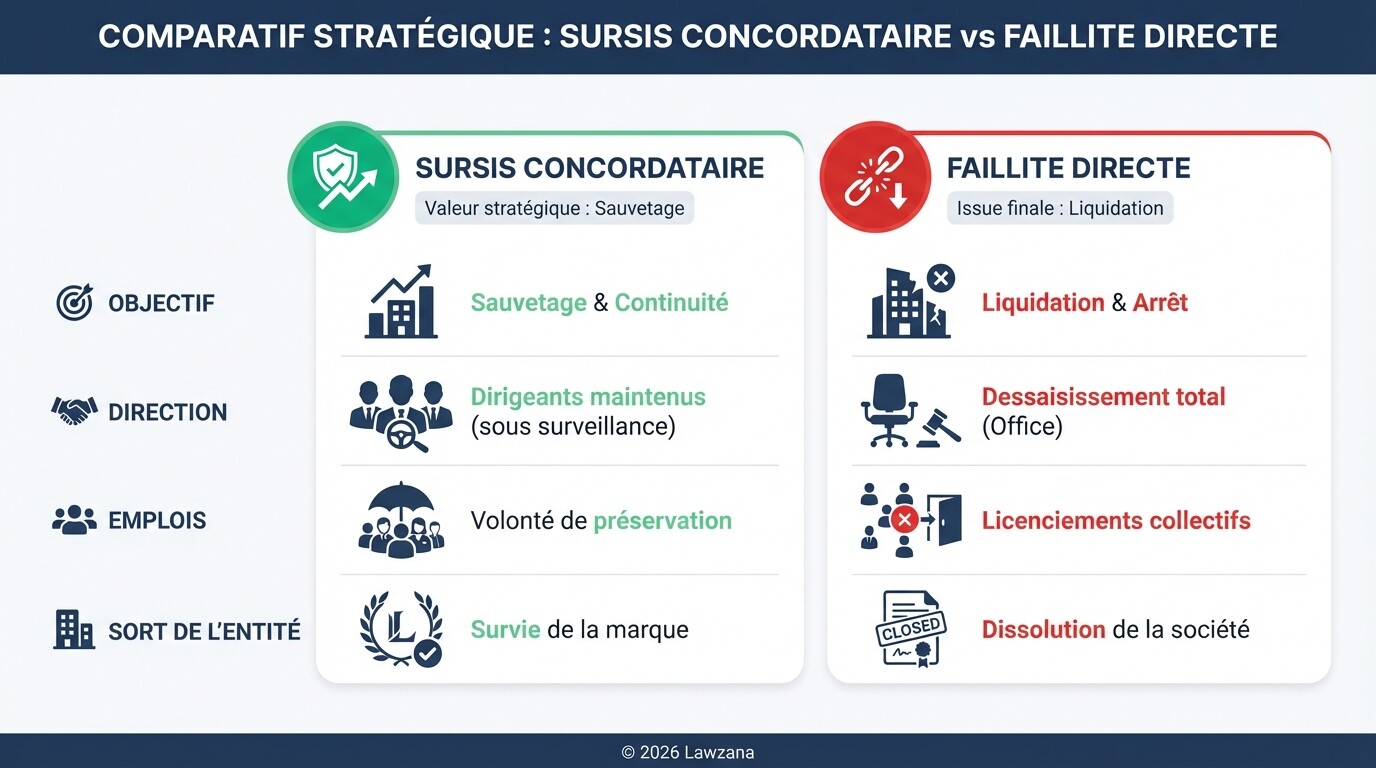Tableau comparatif des différences majeures entre le sursis concordataire et la faillite en Suisse.