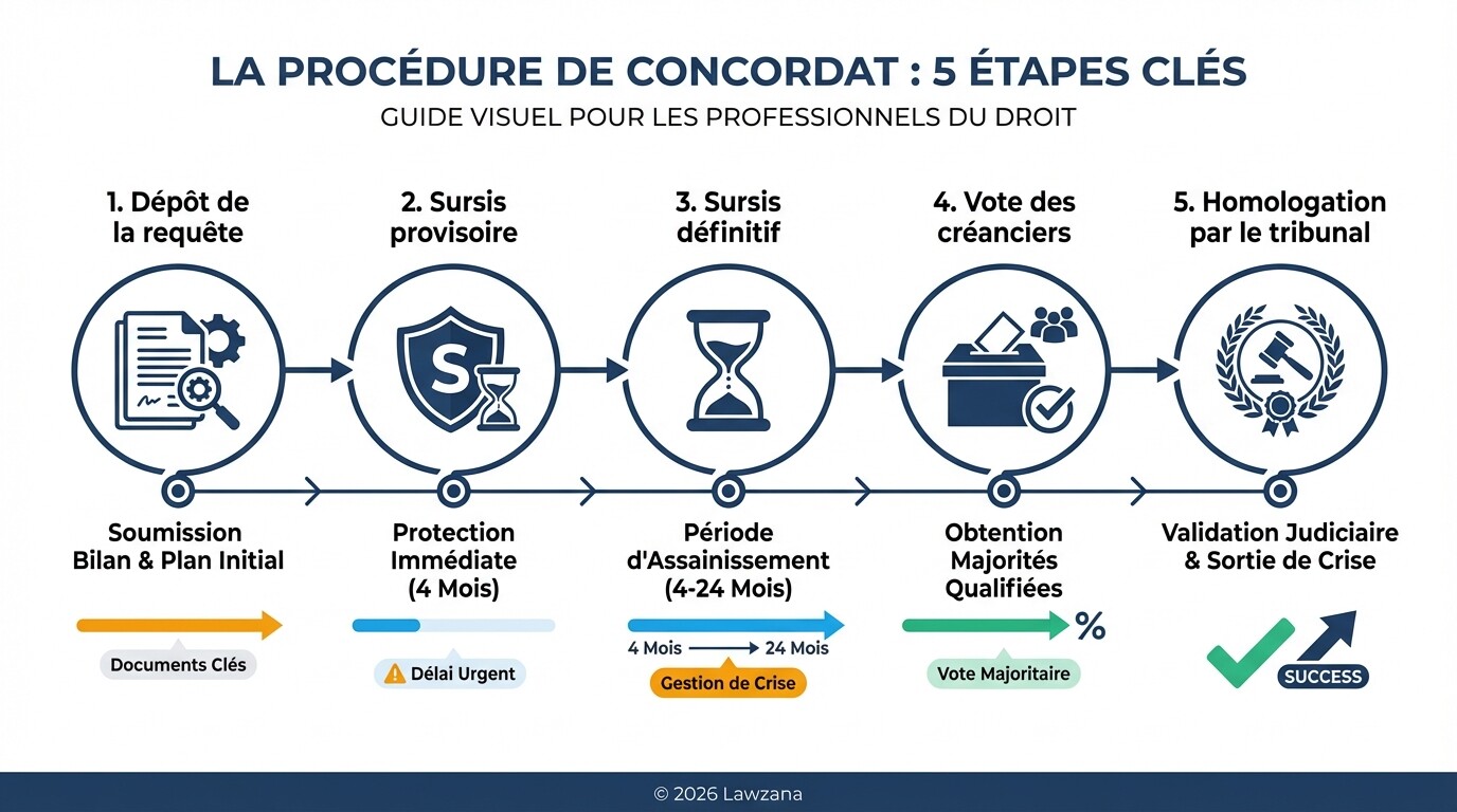 Chronologie des 5 étapes du sursis concordataire en Suisse, du dépôt de la requête à l'homologation finale.