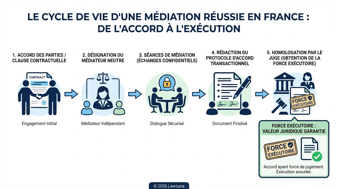 Infographie des 5 étapes d'une médiation : de l'accord à l'homologation judiciaire.
