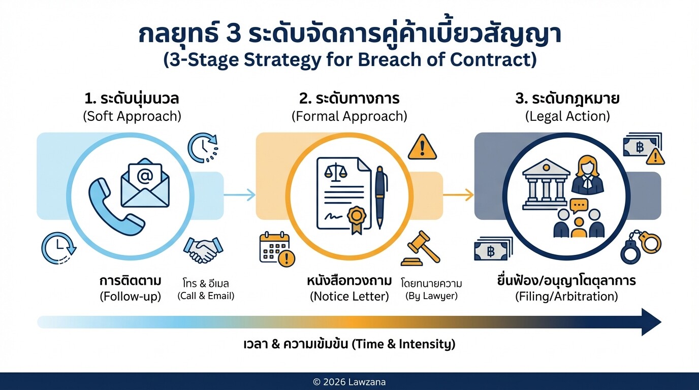อินโฟกราฟิก 3 ขั้นตอนการระงับข้อพิพาททางการค้า ตั้งแต่การเจรจาจนถึงการดำเนินคดีตามกฎหมาย