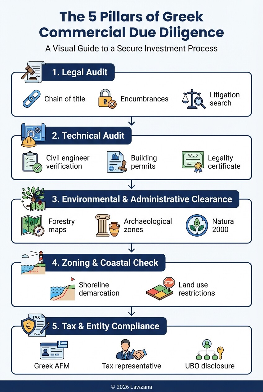 Infographic showing the five main pillars of commercial property due diligence in Greece