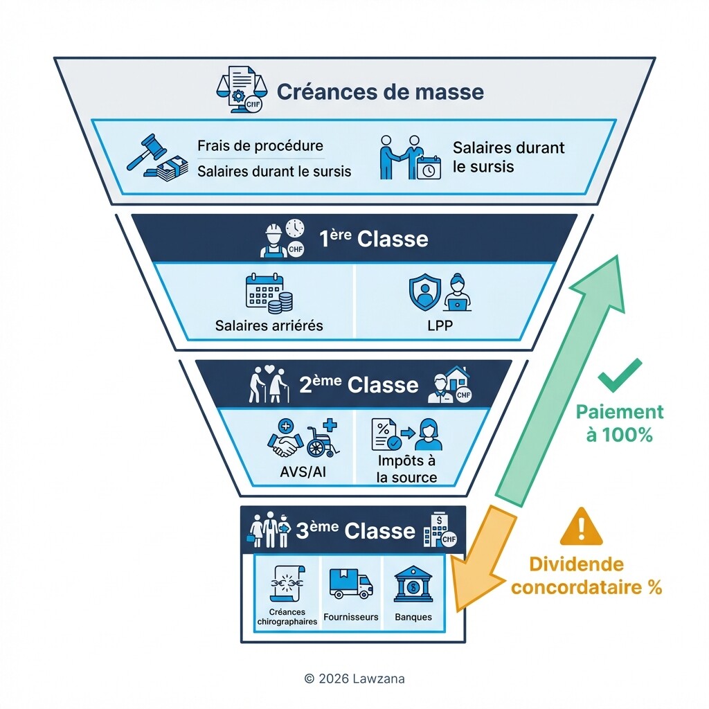 Pyramide de la hiérarchie des créances en droit suisse : de la masse à la 3ème classe.
