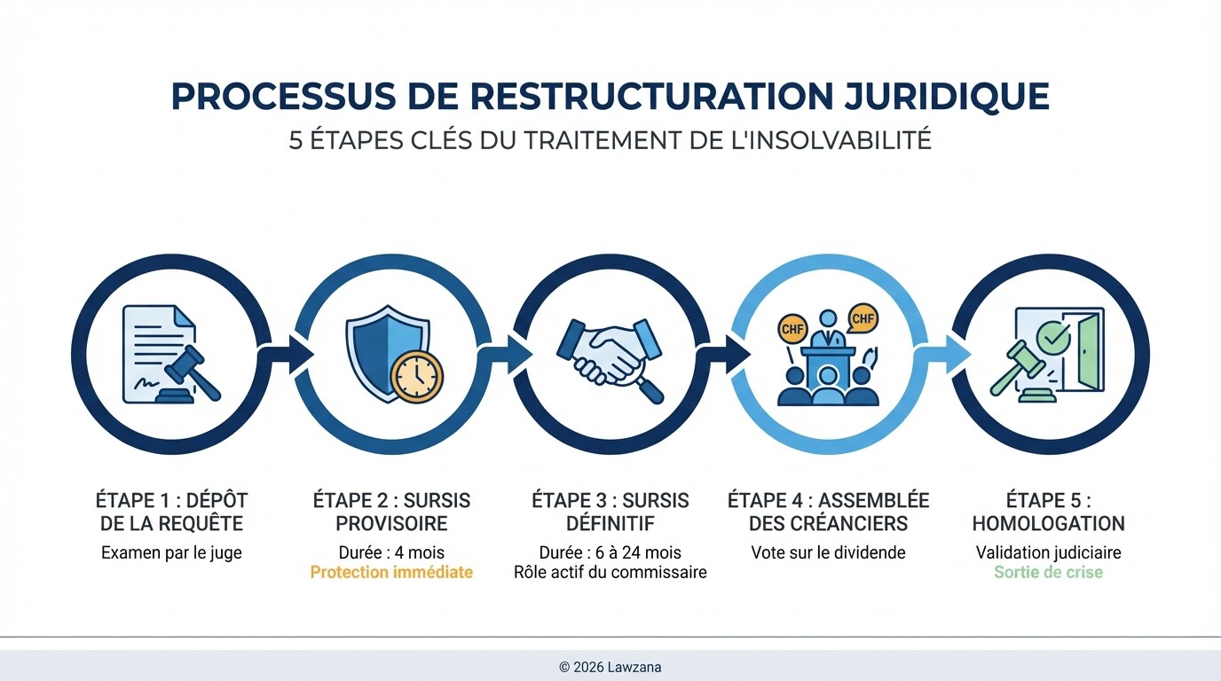 Chronologie des étapes de la procédure de concordat en Suisse, du dépôt à l'homologation.