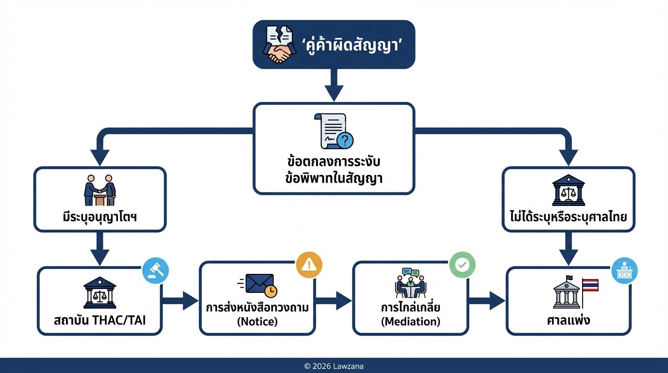 แผนผังการตัดสินใจเลือกระหว่างการฟ้องศาลแพ่งหรืออนุญาโตตุลาการเมื่อเกิดการผิดสัญญา