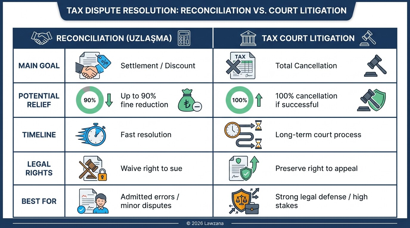 Comparison table between Reconciliation and Tax Court litigation for customs disputes