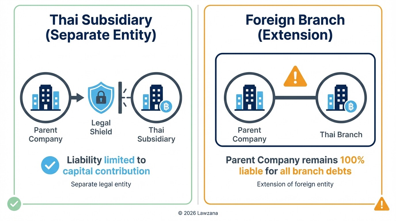 Comparison of legal liability between a Thai subsidiary and a foreign branch office.