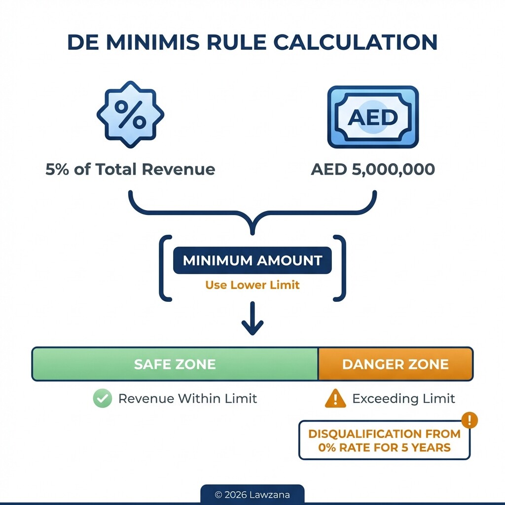 Infographic explaining the 5% or 5 million AED De Minimis threshold for UAE Free Zones