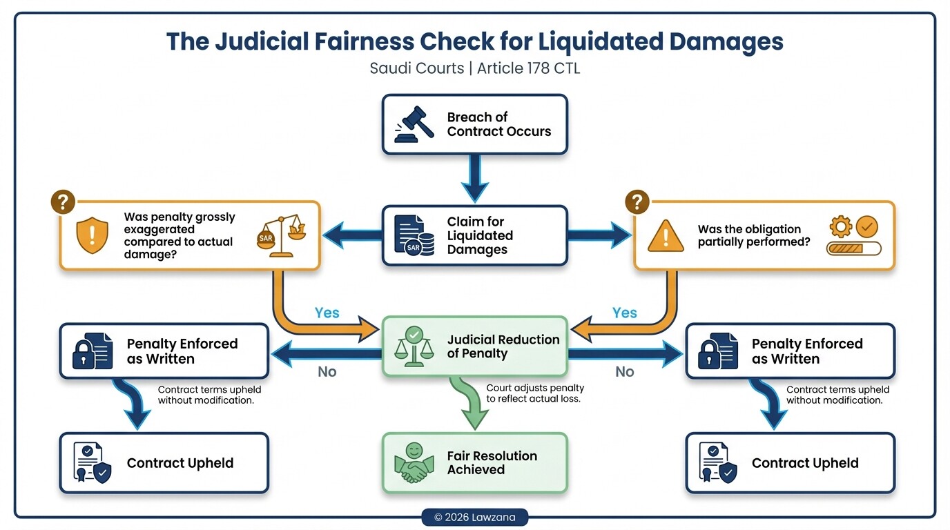 Flowchart of the judicial process for adjusting liquidated damages under Saudi CTL