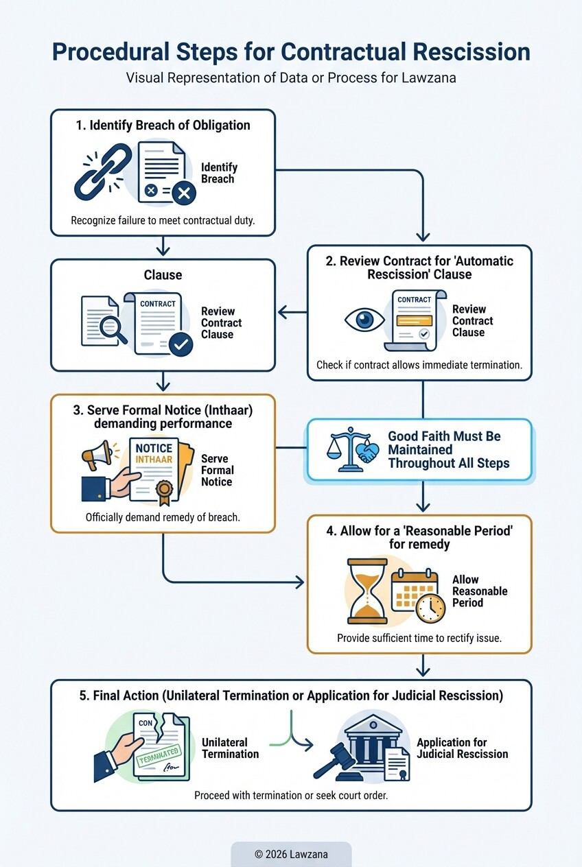Infographic showing the legal procedure for terminating a contract in Saudi Arabia