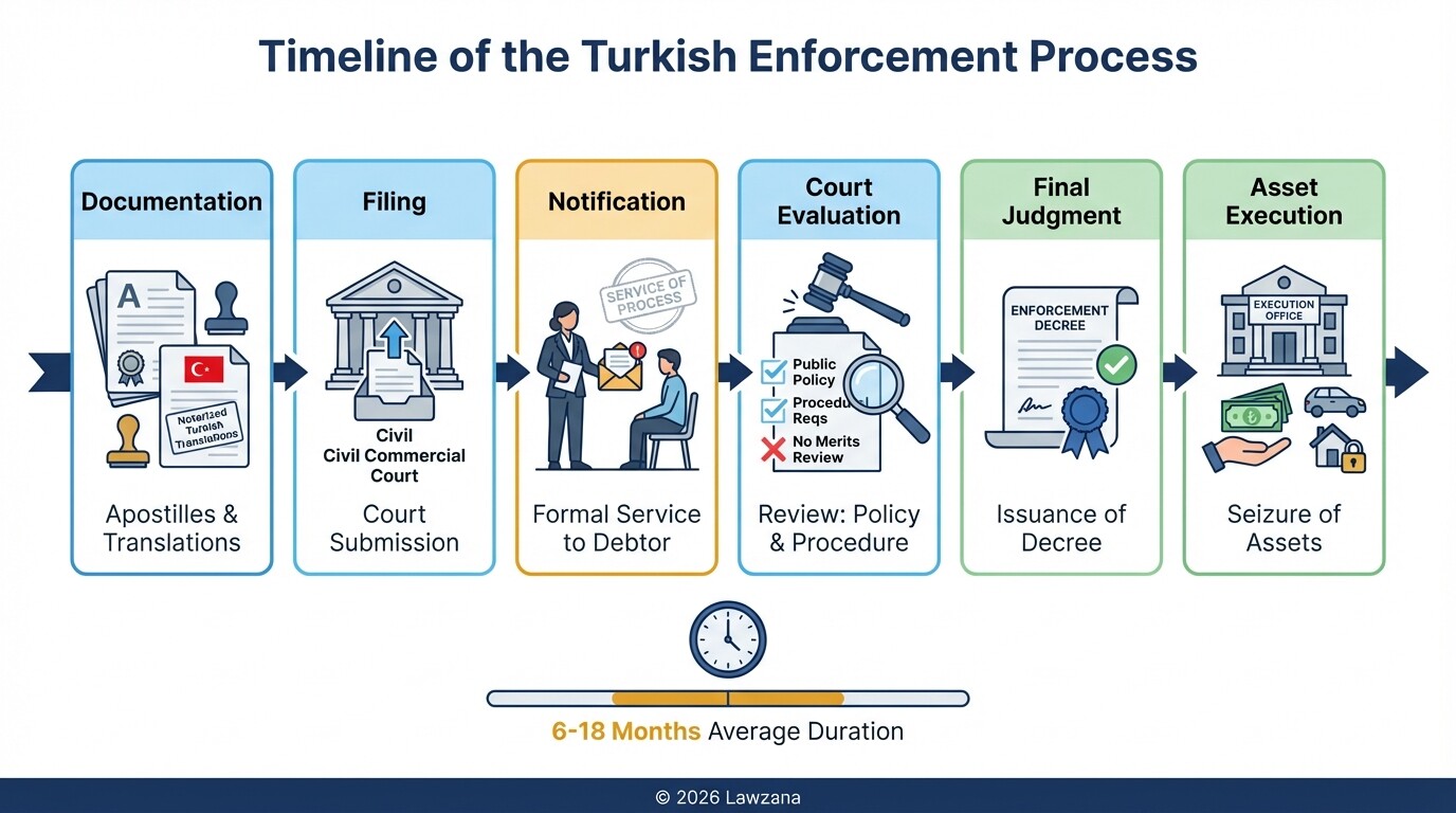 Process flowchart showing the 6 stages of enforcing a foreign arbitral award in Turkey