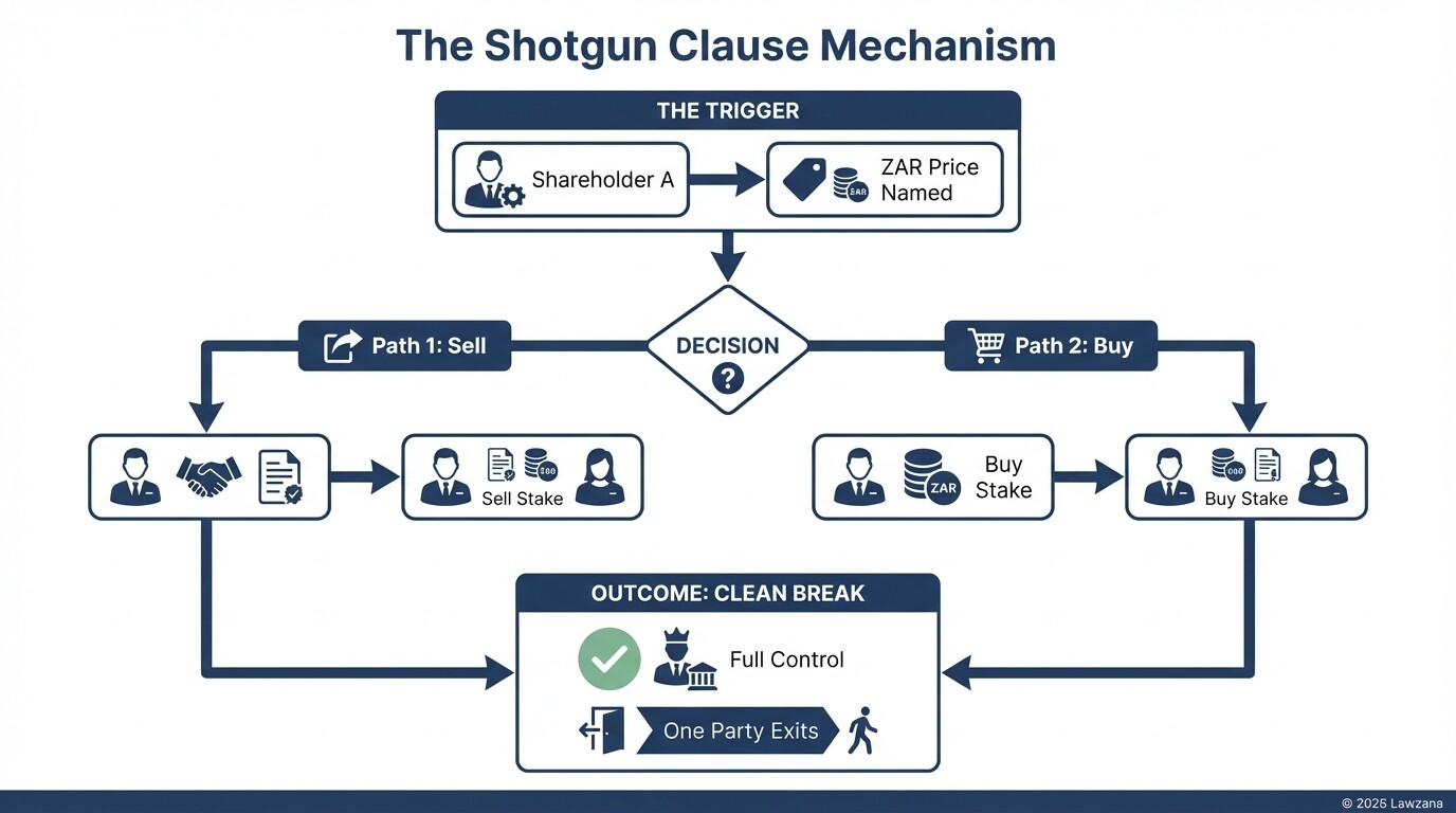 Flowchart showing how a shotgun clause forces a buyout in a shareholder deadlock.