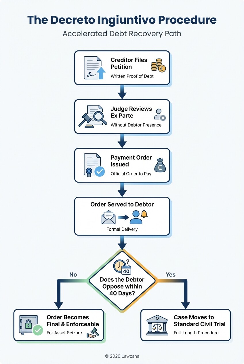 Flowchart showing the stages of the Italian Decreto Ingiuntivo summary payment procedure.