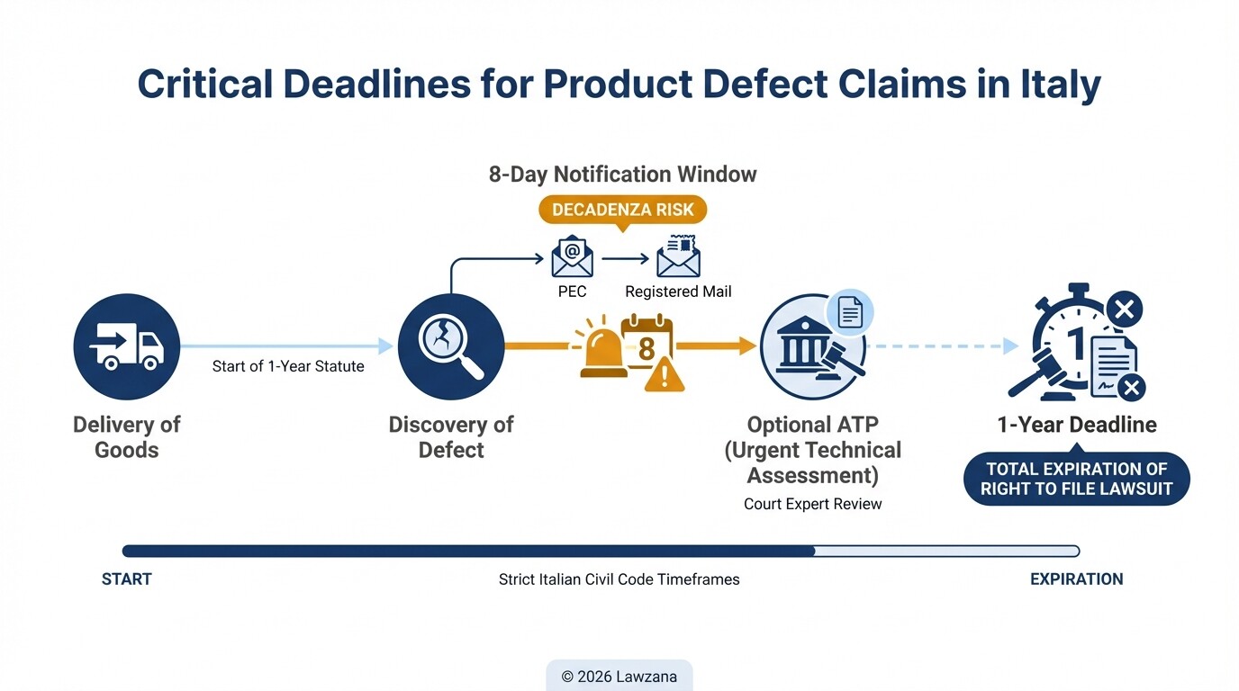 Timeline of legal deadlines for reporting product defects and filing claims in Italy.