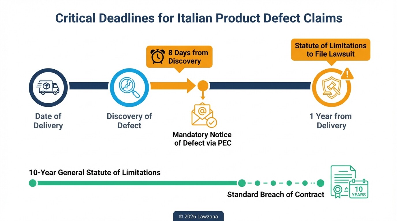Timeline showing the 8-day notice rule and 1-year statute of limitations for Italian defects