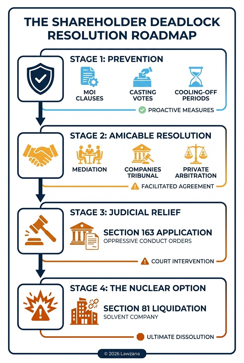 The four stages of shareholder deadlock resolution from prevention to liquidation