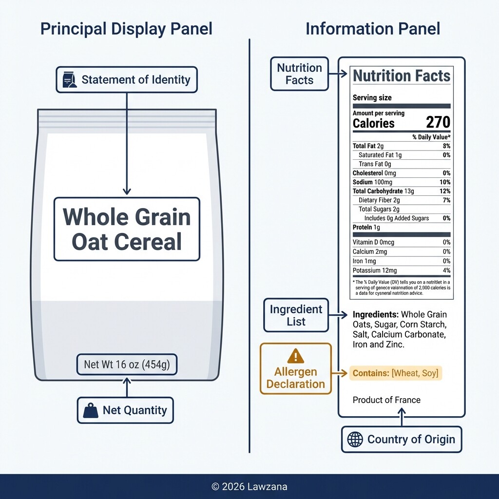 Diagram of a food label highlighting mandatory FDA elements like nutrition facts and allergens.