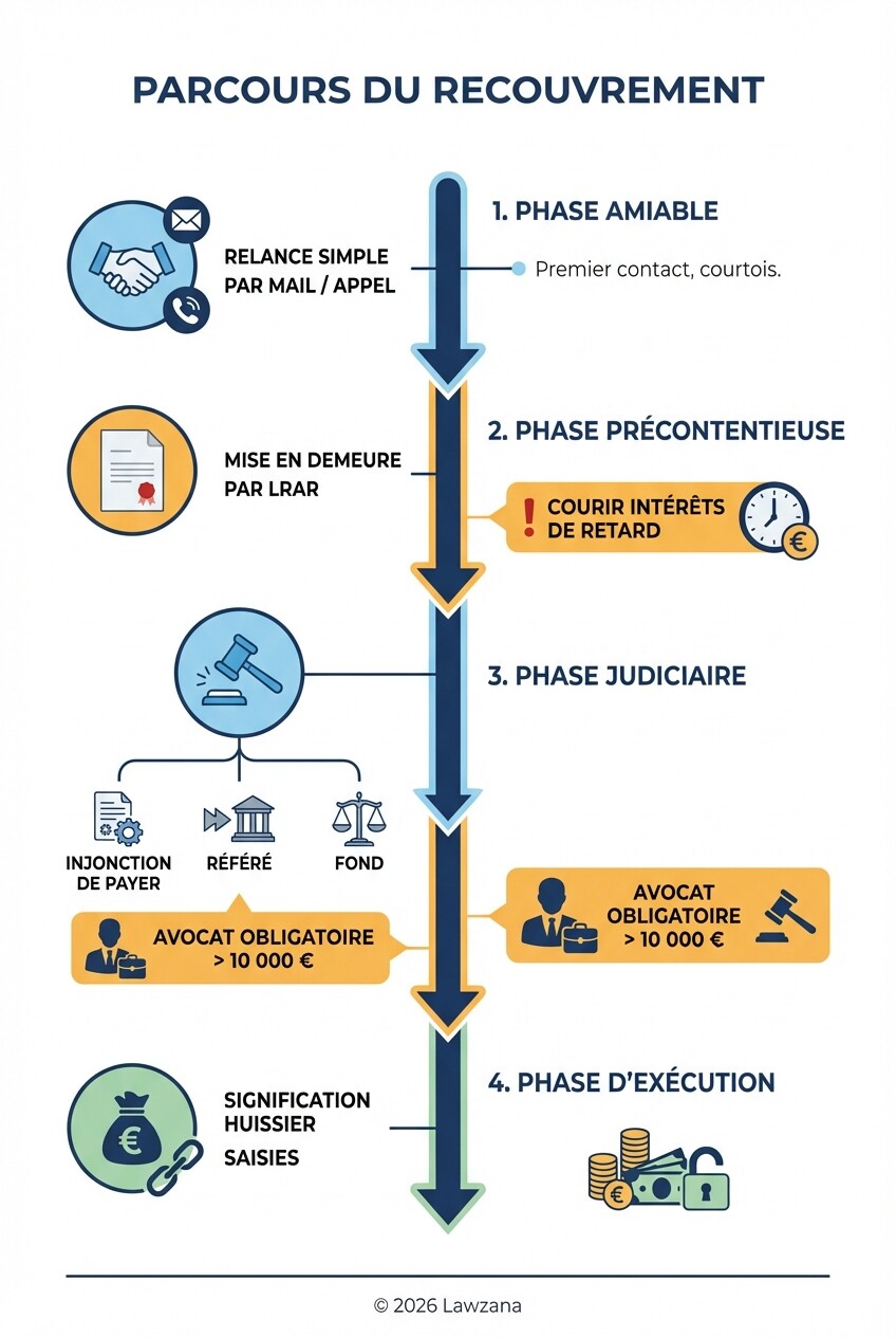 Infographie des 4 étapes clés pour récupérer une facture impayée entre entreprises