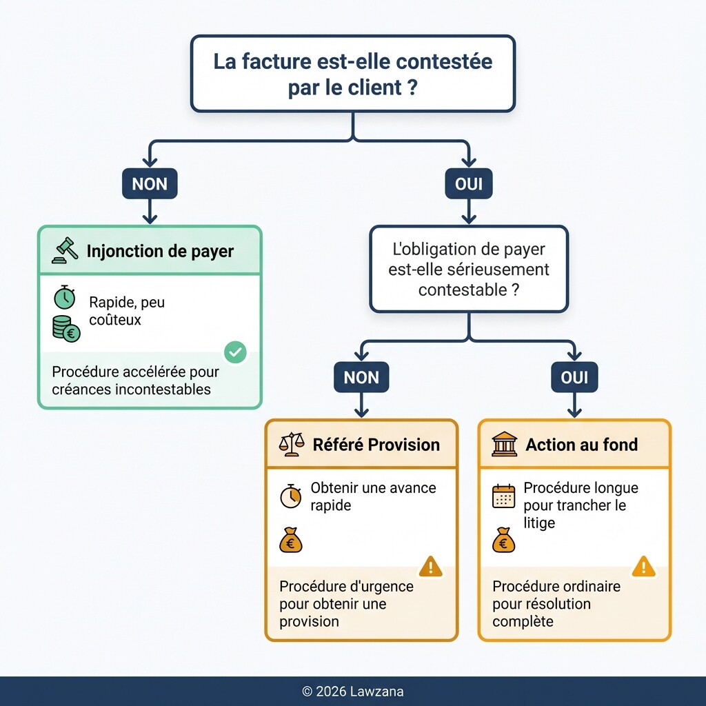 Diagramme de choix entre injonction de payer, référé provision et action au fond.