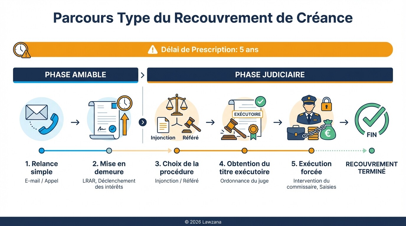 Chronologie des étapes de recouvrement d'une facture impayée entre entreprises.