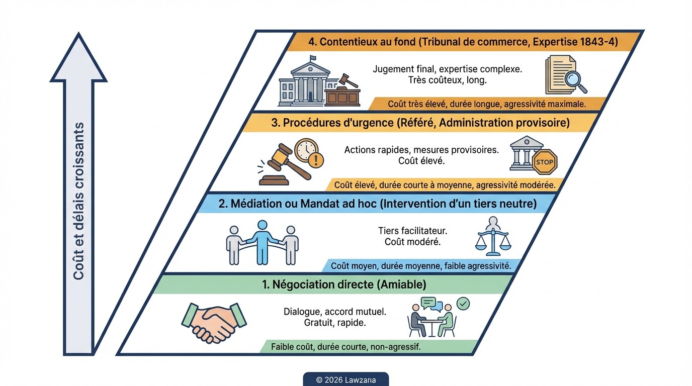 Gradation des modes de résolution de conflits entre associés : de l'amiable au judiciaire.