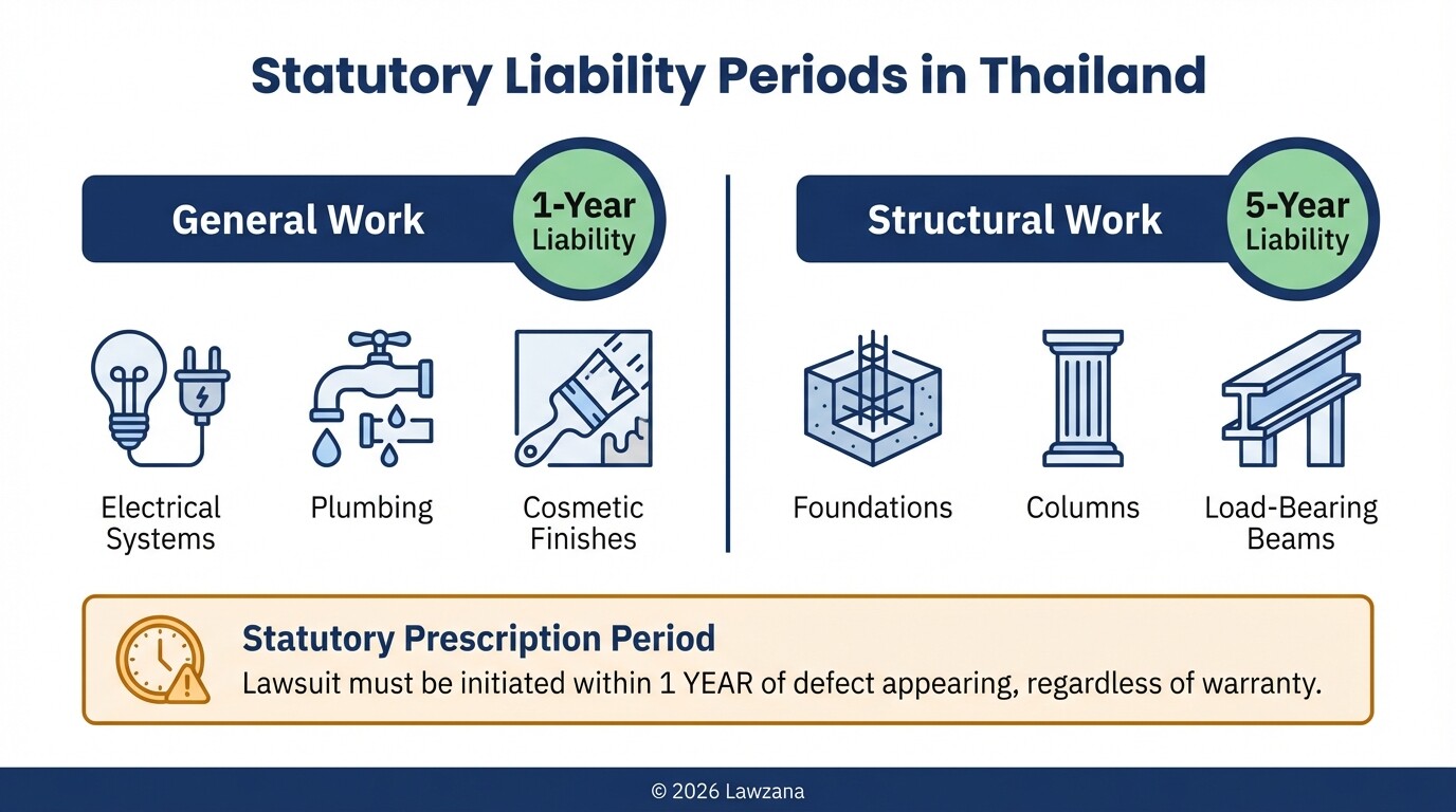 Comparison of 1-year general and 5-year structural liability periods in Thai construction law.
