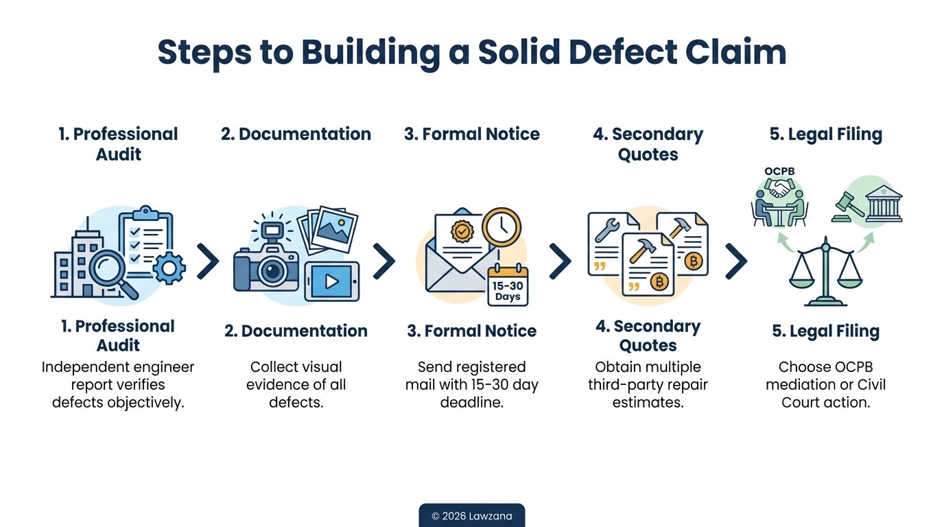 A step-by-step flowchart for gathering evidence and filing a construction claim in Thailand.