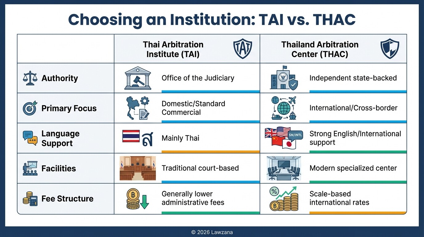 Comparison table between Thai Arbitration Institute (TAI) and Thailand Arbitration Center (THAC)