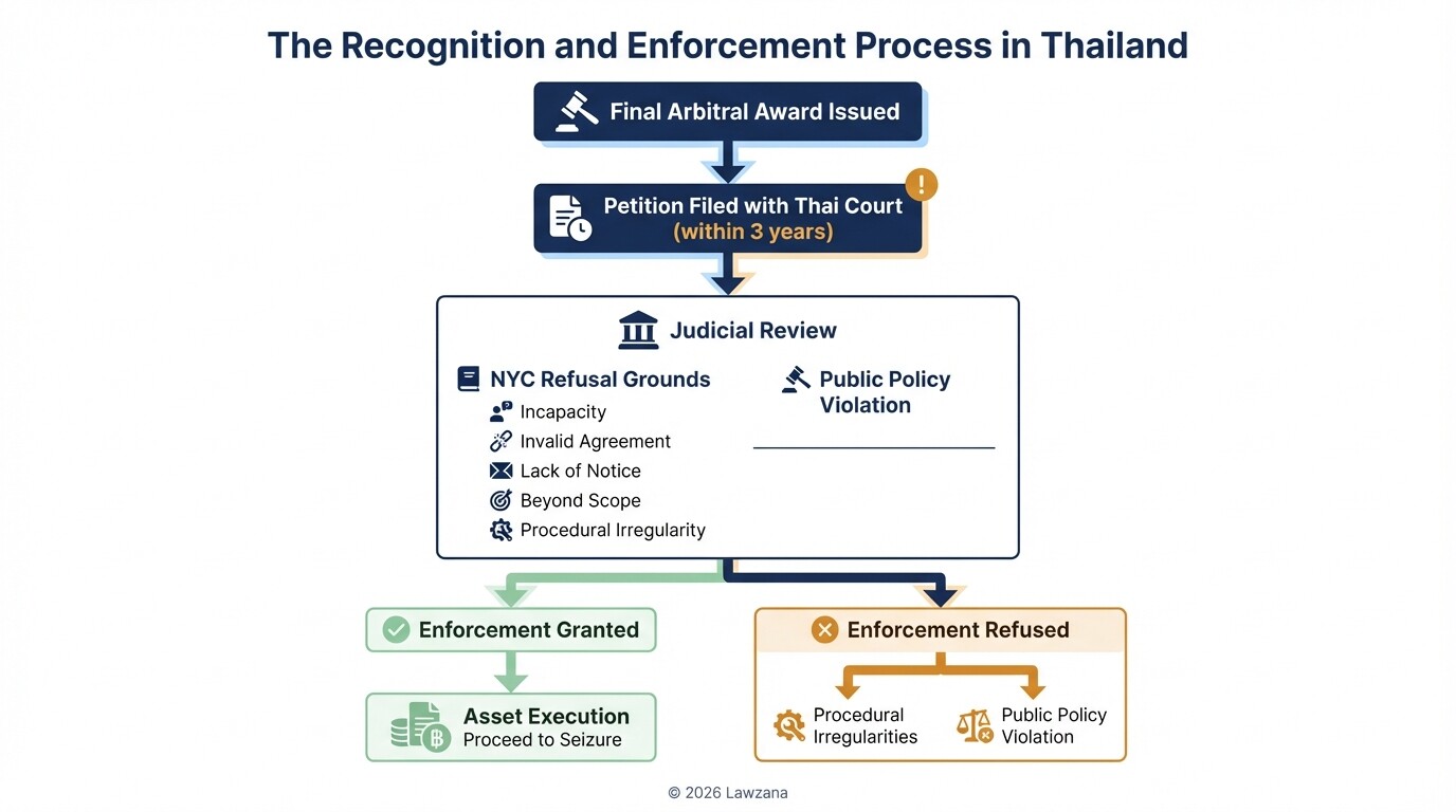 Flowchart of the legal process for enforcing an arbitration award in Thailand