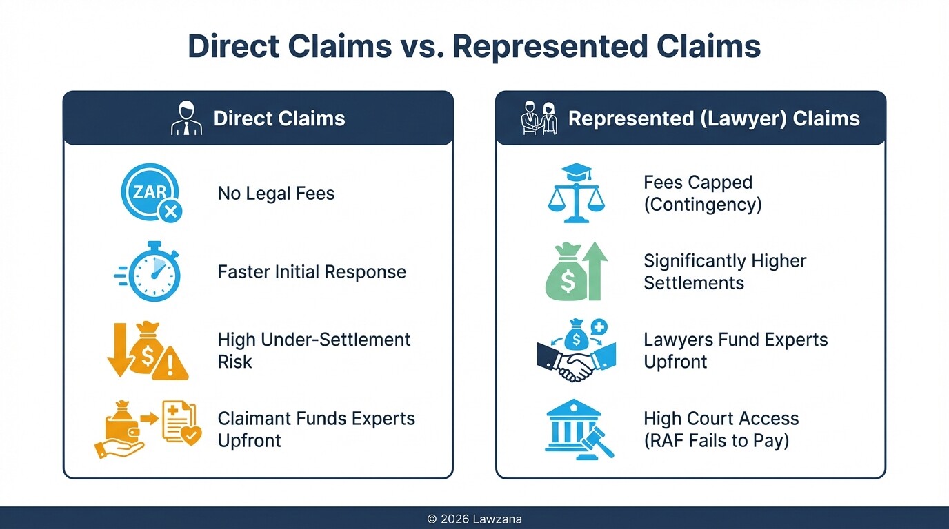 Comparison between filing a direct RAF claim versus using legal representation.
