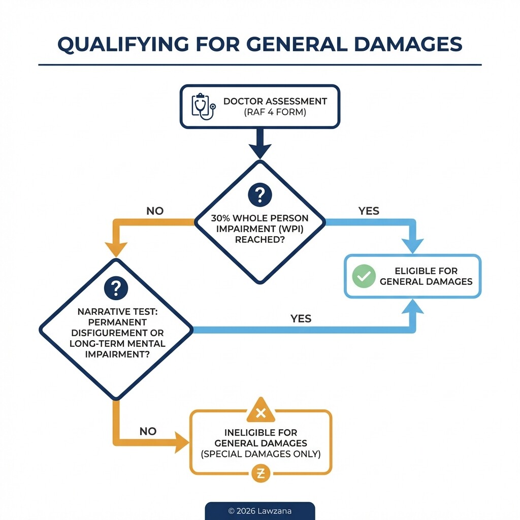 Flowchart showing the legal criteria for qualifying for general damages in an RAF claim.