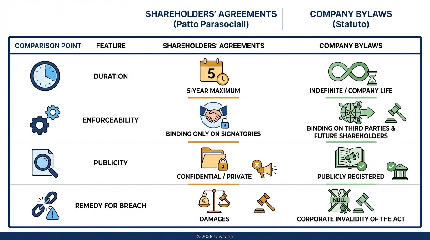 Comparison between Italian Shareholders' Agreements and Company Bylaws