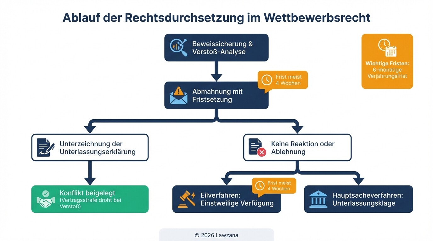 Flussdiagramm zum Ablauf von Abmahnung, einstweiliger Verfügung und Klage im Wettbewerbsrecht.