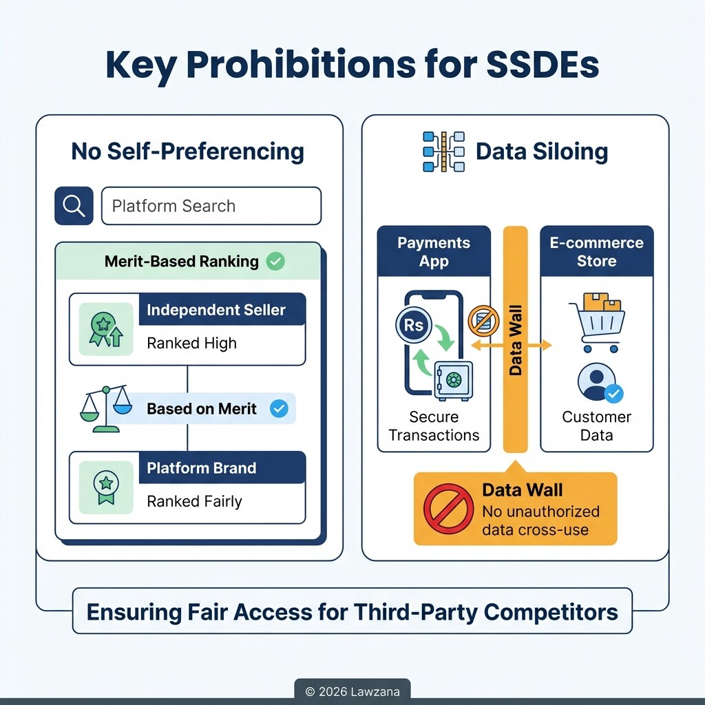 Infographic explaining self-preferencing and data siloing under the Digital Competition Bill.