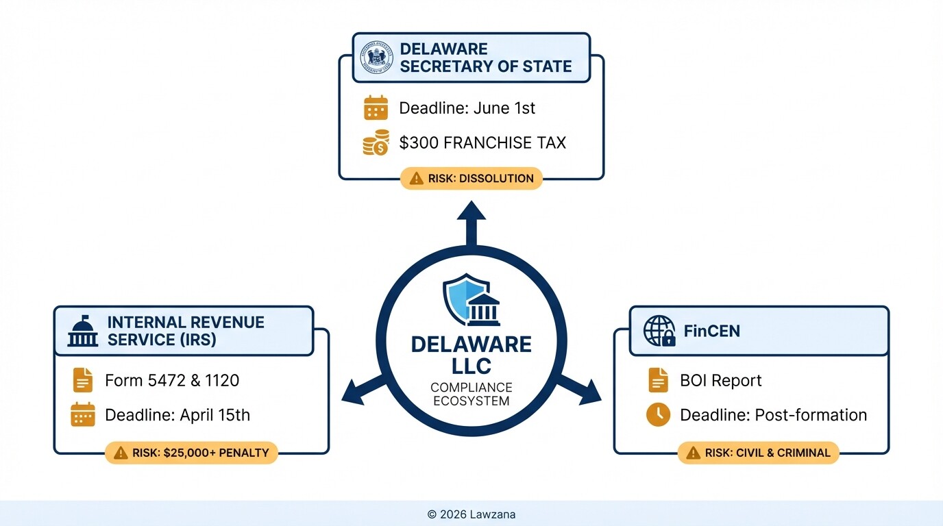 Diagram of Delaware LLC annual compliance requirements at state and federal levels