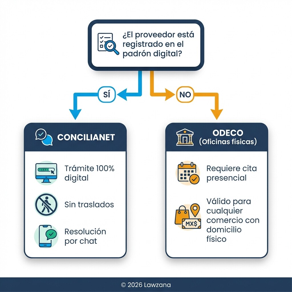 Diagrama de decisión para elegir entre el proceso presencial en ODECO o virtual en Concilianet.